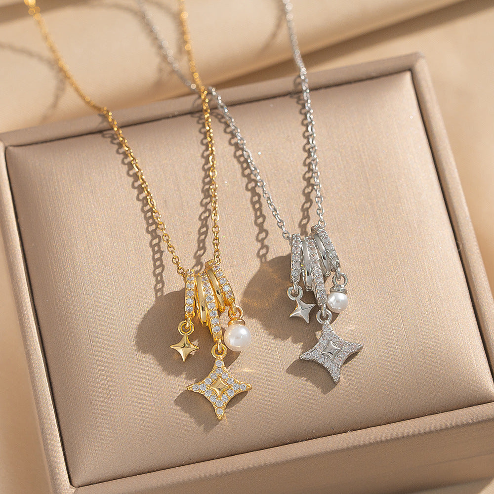 Minimalist Star-Shaped Titanium Steel Necklace with Zircon Inlay for Women, Elegant Clavicle Chain with Gold Plating and O-Chain Style