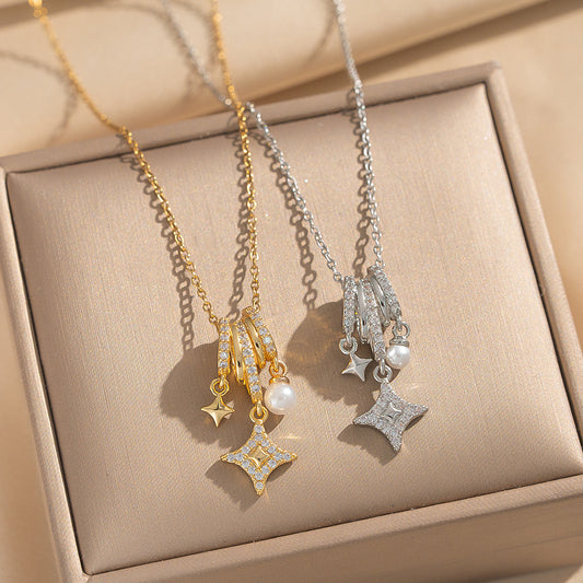 Collana Minimalista a Stella in Acciaio al Titanio con Intarsio in Zirconi per Donna, Elegante Catena per Clavicole con Placcatura in Oro e Stile Catena a O