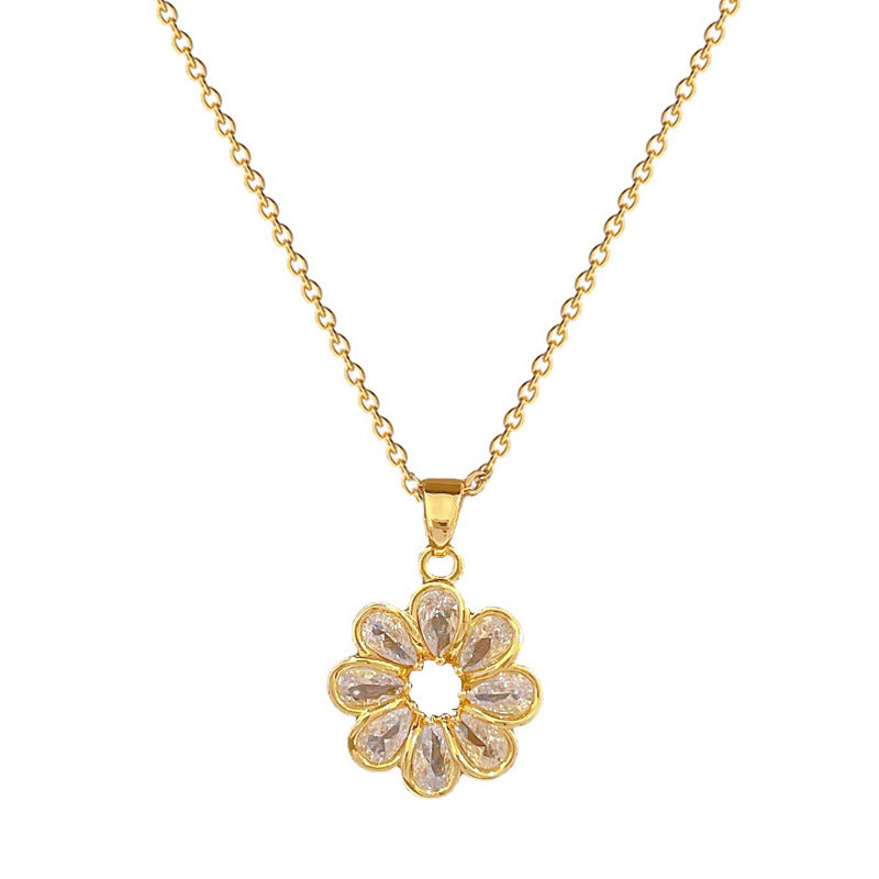 Conjunto de collar y pendientes de lujo de acero de titanio con colgante geométrico redondo de flor y incrustaciones de pedrería para mujer para eventos formales