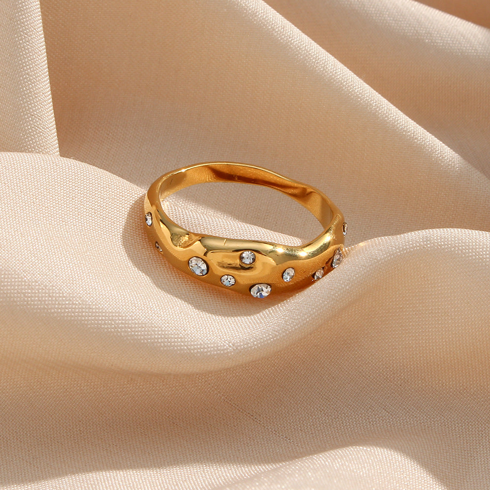 Minimalist Geometric Stainless Steel Ring with 18K Gold Plating and Irregular Zircon Inlay for Women