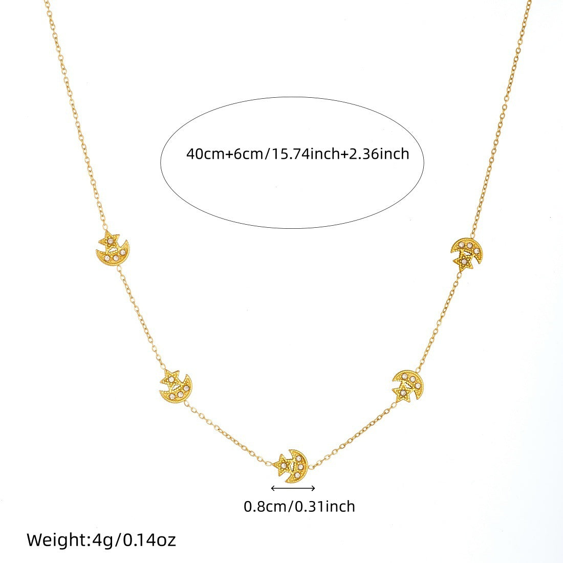Minimalist Gold Plated Stainless Steel Star Moon Rhinestone Pendant Jewelry Set for Women