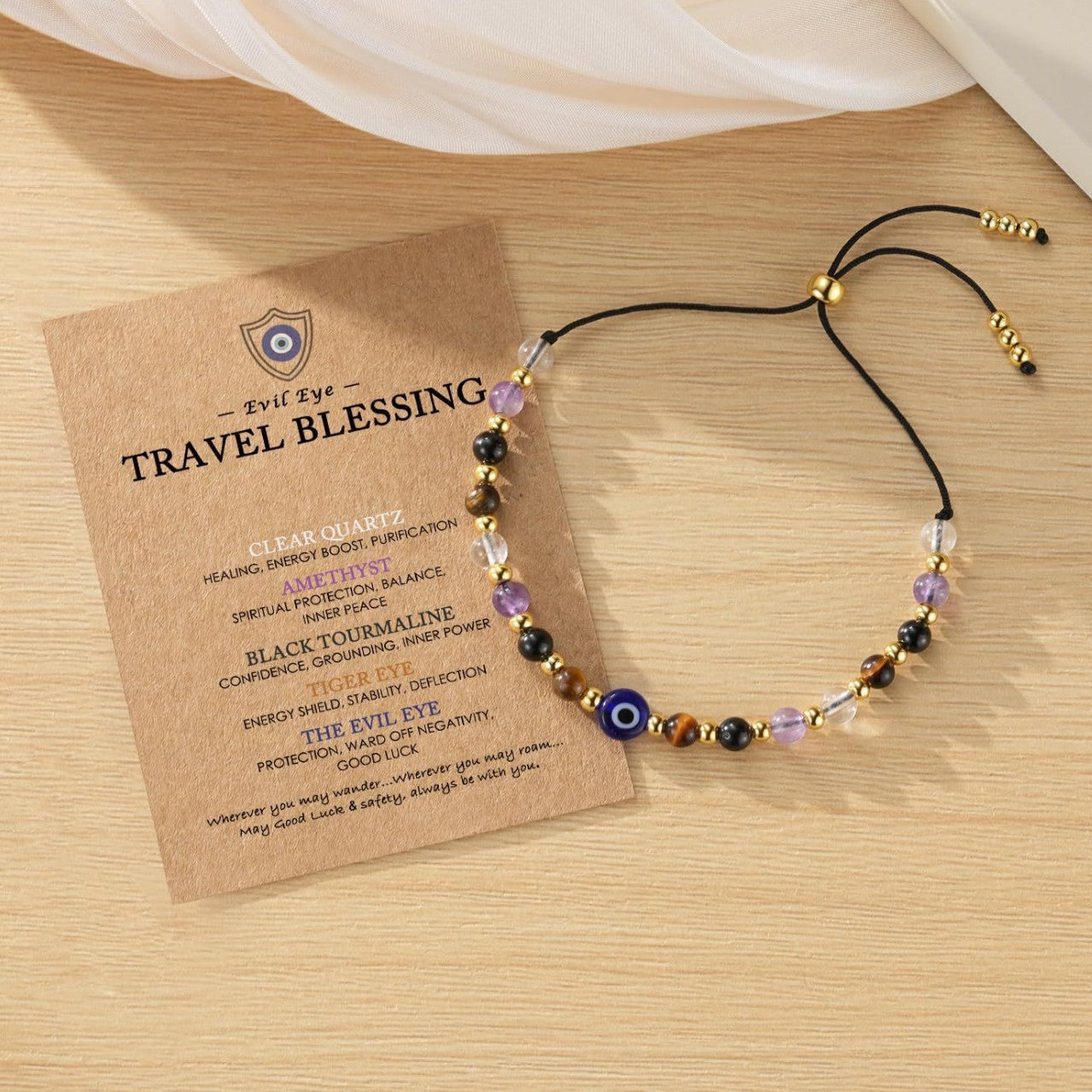 Elegant Geometric Crystal Beaded Bracelet with Evil Eye Charm and Adjustable Drawstring Closure for Women