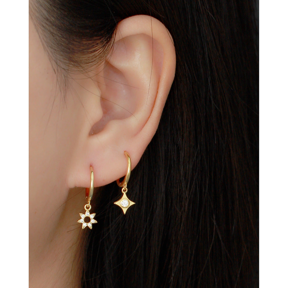 Orecchini a Cerchio da Donna in Argento Sterling S925, Stile Cool e Dolce, a Stella Geometrica con Diamanti Incassati