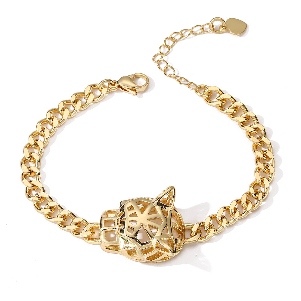 Elegante bracciale a catena cubana con ciondolo a leopardo da donna, realizzato in ottone con placcatura in oro e incastonatura micro-pavé