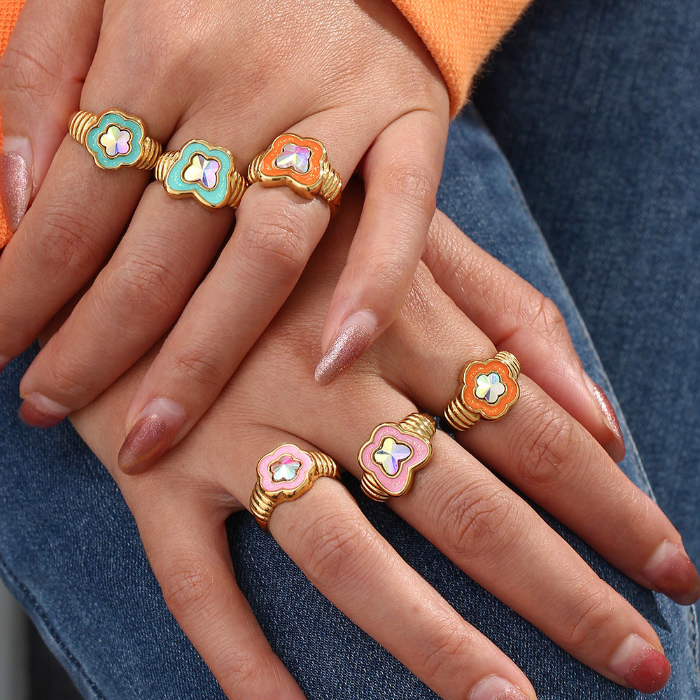 Elegant Butterfly-Shaped Stainless Steel Ring with Rhinestone Accents and Enamel Finish for Women