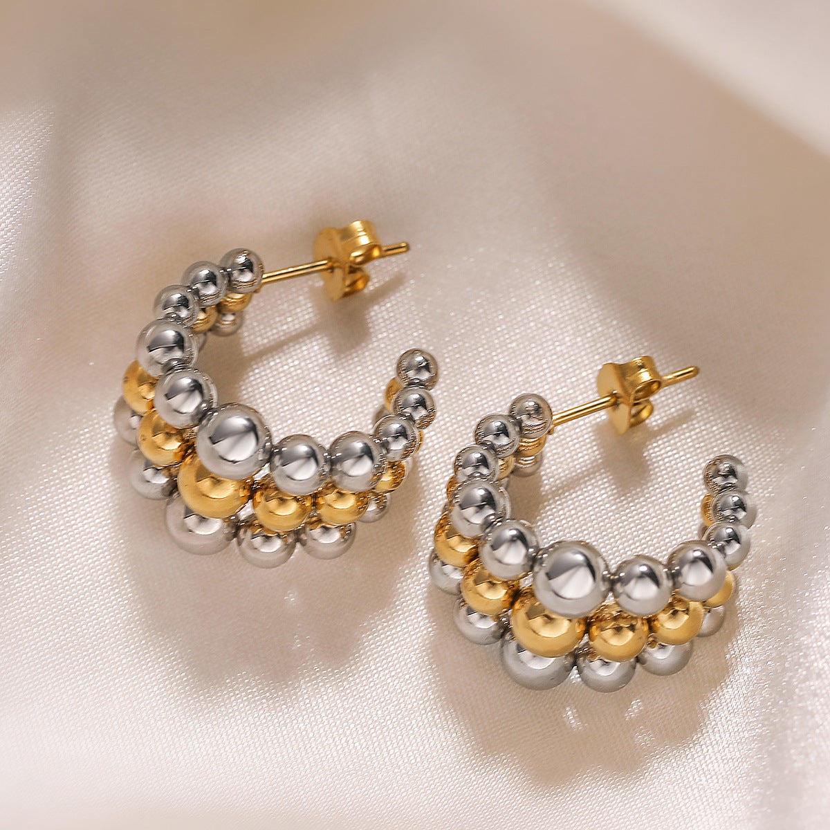 Minimalist Luxe Two-Tone Stainless Steel Beaded Earrings for Women Geometric Irregular Design Electroplated Fashion Everyday Jewelry