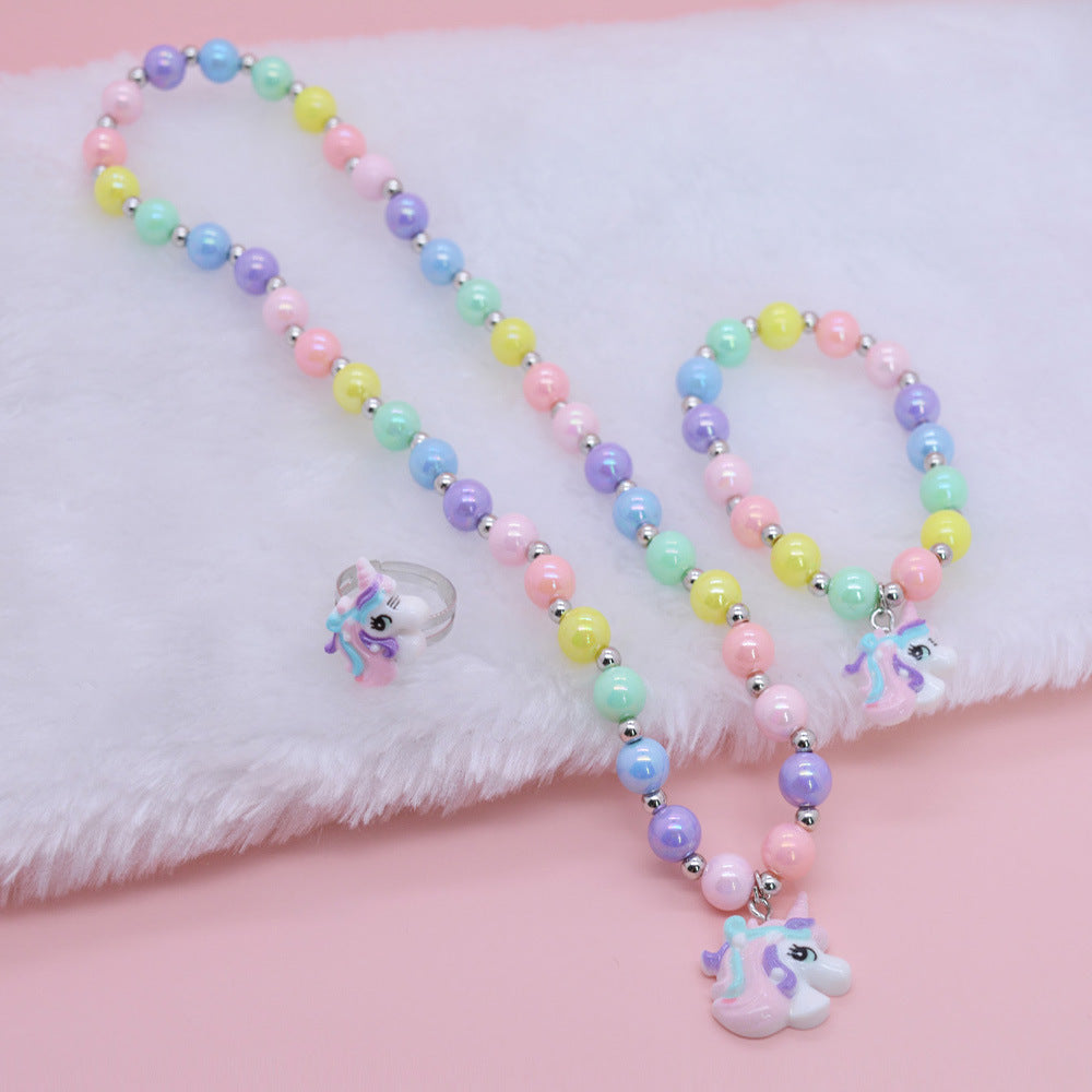 Set collana in resina a forma di unicorno dei cartoni animati per bambine - Gioielli per bambini a forma di animale con catena di perline