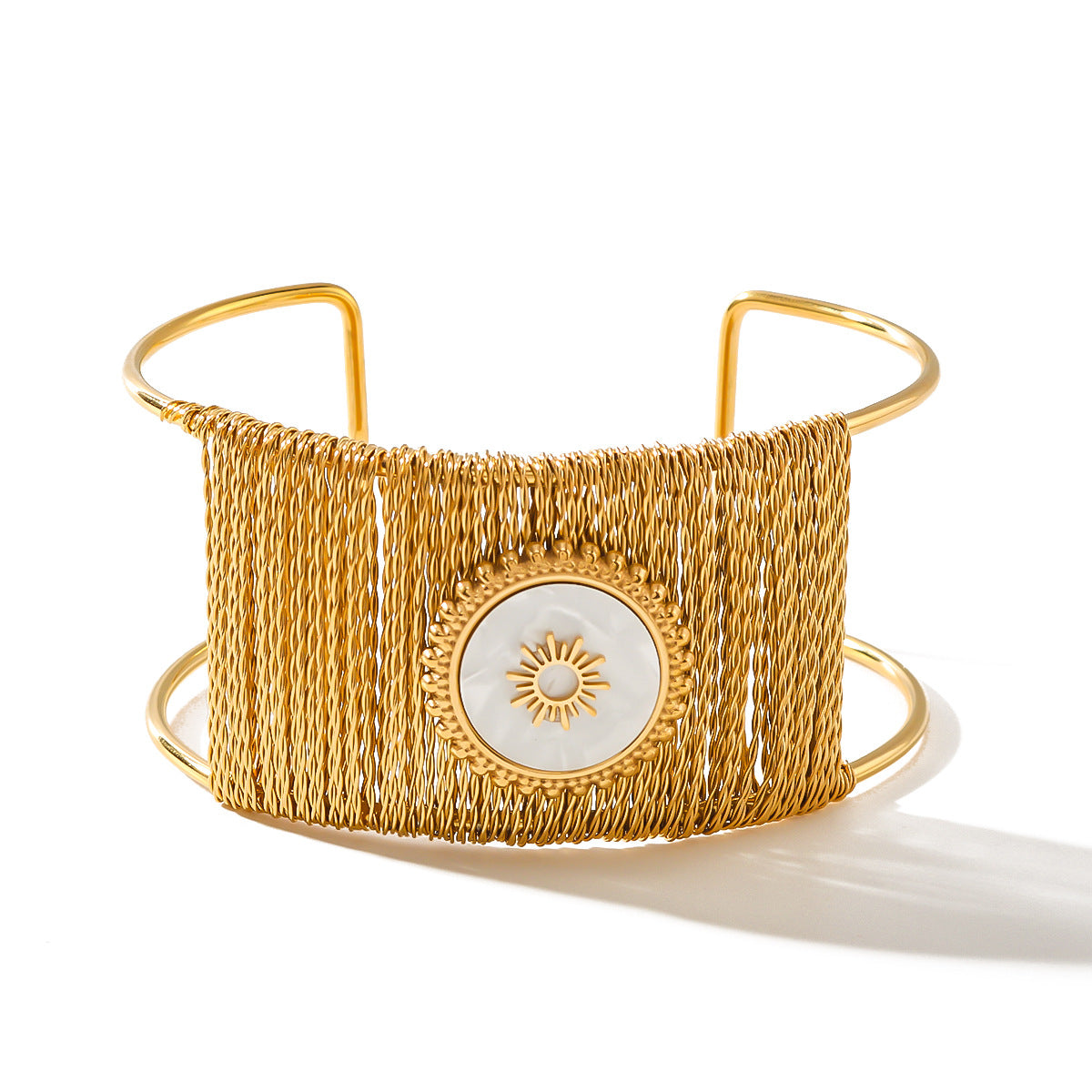 Minimalist Wide Cuff Bracelet in Titanium Steel with 18K Gold Plating and Natural Stone Inlay for Women