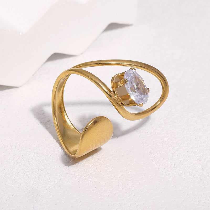 Minimalist Geometric Stainless Steel Gold Plated Ring with Cubic Zirconia for Women