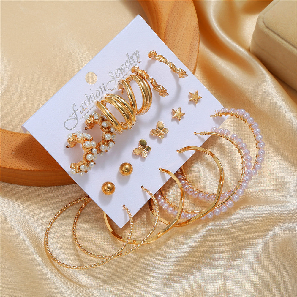 Plated Stainless Steel Butterfly Geometric Round Crystal Pearl Earrings Set for Unisex