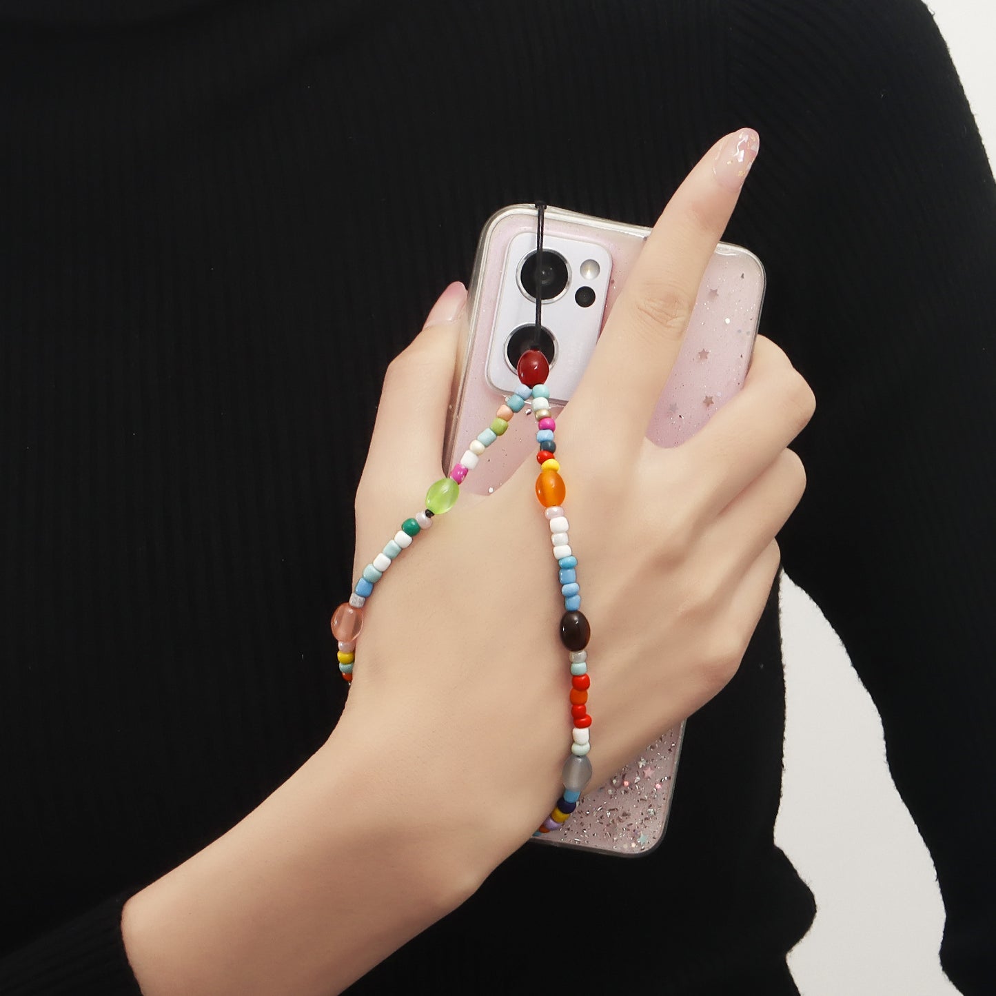 Sweet Oval Alloy Beaded Phone Chain Plated Multi-Color Seed Beads