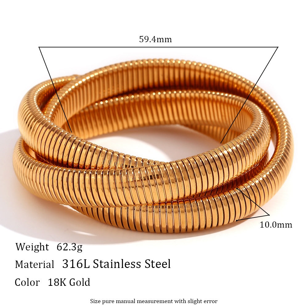 Minimalist Titanium Steel Bracelet with 18K Gold Plated Triple-Wrap Elastic Snake Chain for Women