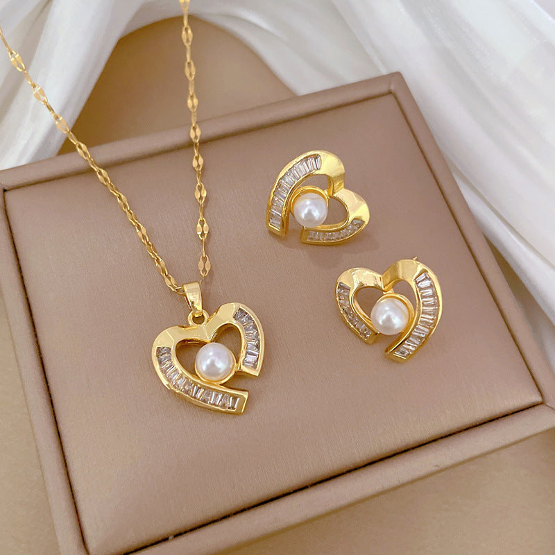 Luxury Fresh and Sweet Plated Brass Zircon Micro-Pave Earrings and Necklace Set