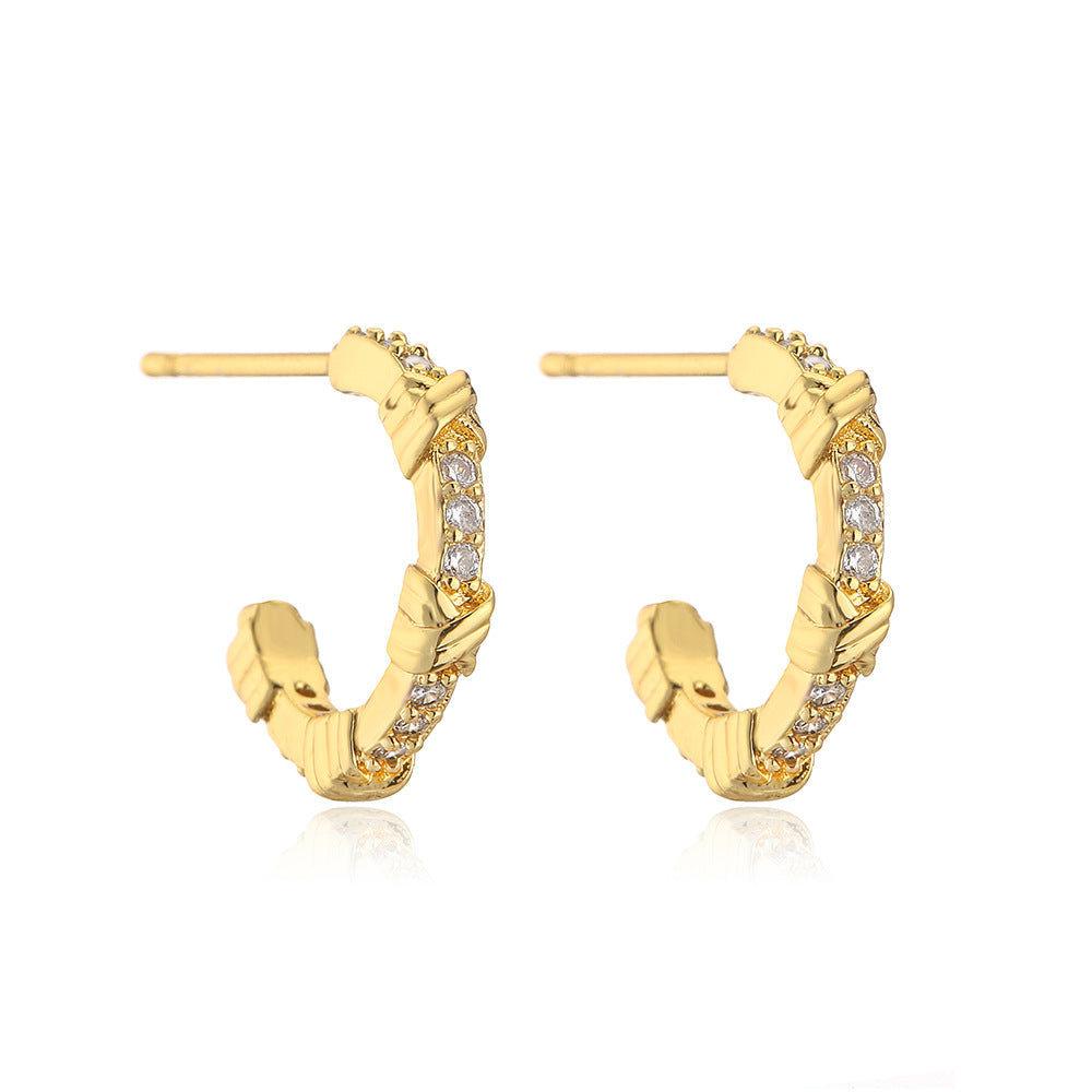 Minimalist Geometric Copper Earrings with 18K Gold Plating and Zircon Accents for Women
