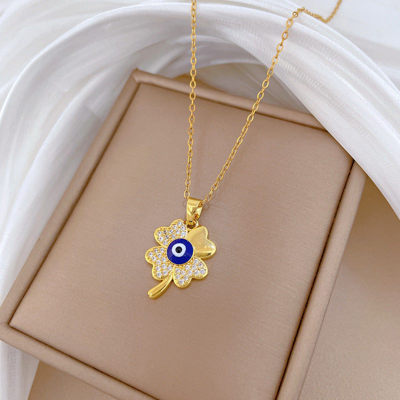 Sweet Minimalist Geometric Rhinestone Clover Eye Necklace Titanium Steel Cable Chain for Unisex