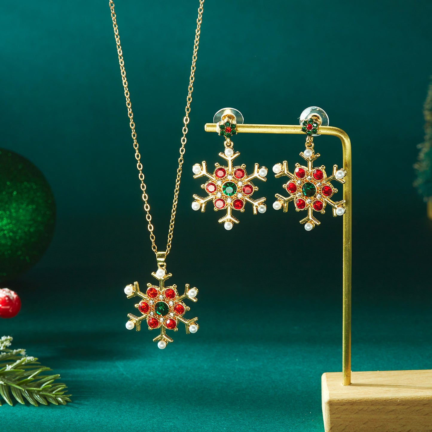Christmas-Themed Snowflake Pendant Necklace and Earrings Set for Women Alloy with Enamel Finish and Rhinestone Inlay