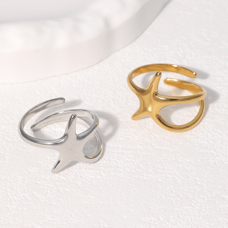 Minimalist Star-Shaped Stainless Steel Ring for Women with Plated Finish, Adjustable Open Band Design
