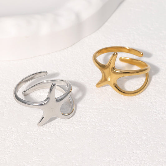 Anello da donna in acciaio inossidabile minimalista a forma di stella con finitura placcata, design a fascia aperta regolabile