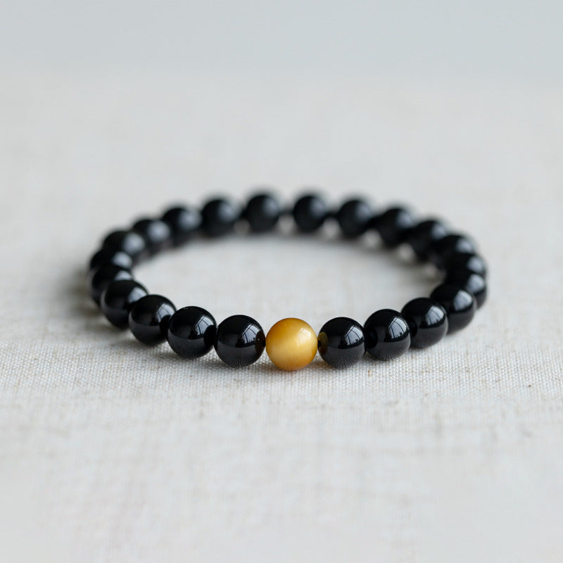 Men's Matte Black Obsidian and Volcanic Stone Beaded Bracelet Square Round Geometric Unisex Jewelry