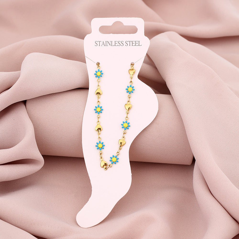 Elegante cavigliera geometrica in acciaio inossidabile da donna con motivo a petalo e occhio, accessorio di moda di lusso minimalista