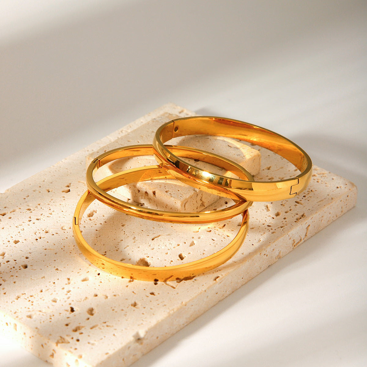 Minimalist Titanium Steel Cuff Bracelet with Polished Rounded Edges and Gold Plating for Women