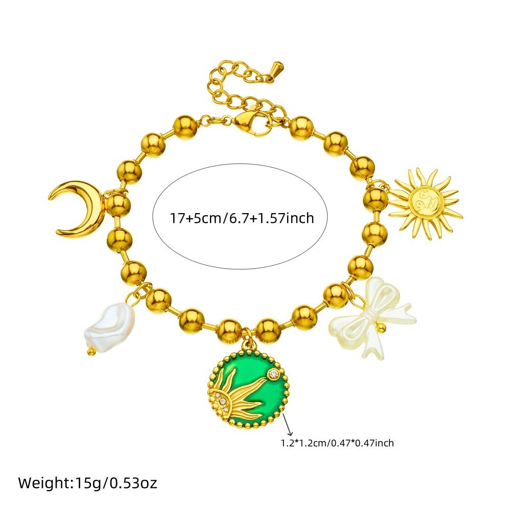 Elegant Gold Plated Drip Oil Round Sun Moon Bow Pearl Pendant Stainless Steel Bracelet for Women
