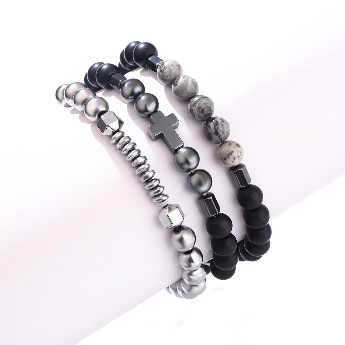 Vintage Cross Geometric Hematite Stretch Bracelet Unisex Handmade Stone Beads