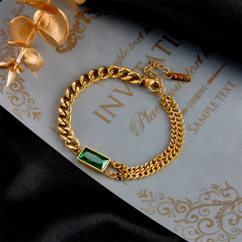 Vintage Asymmetrical Square Link Titanium Steel Bracelet with Green Rhinestone Accents for Women
