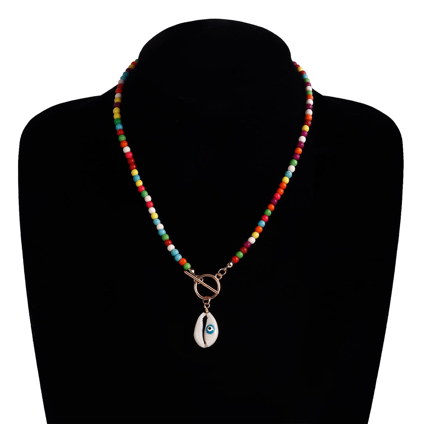 Collar bohemio geométrico de cuentas turquesas con dije de concha y acabado chapado para mujer