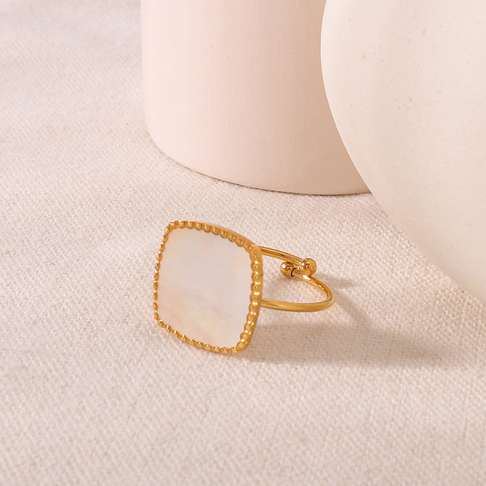 Vintage INS Style Geometric Stainless Steel Ring with 18K Gold Plating and White Mother-of-Pearl Inlay for Women