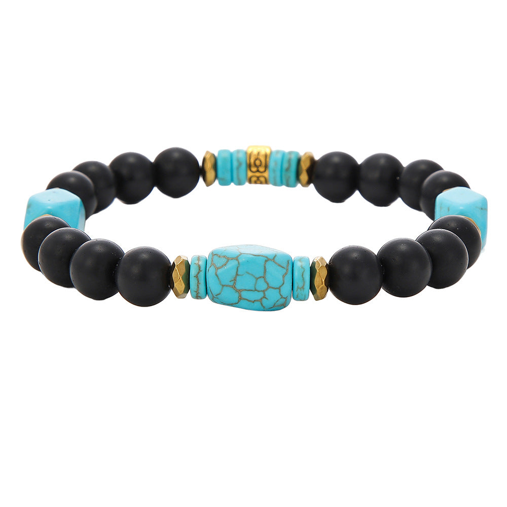 Vintage Geometric Black Obsidian and Turquoise Beaded Bracelet Handmade Round Beads Unisex Jewelry
