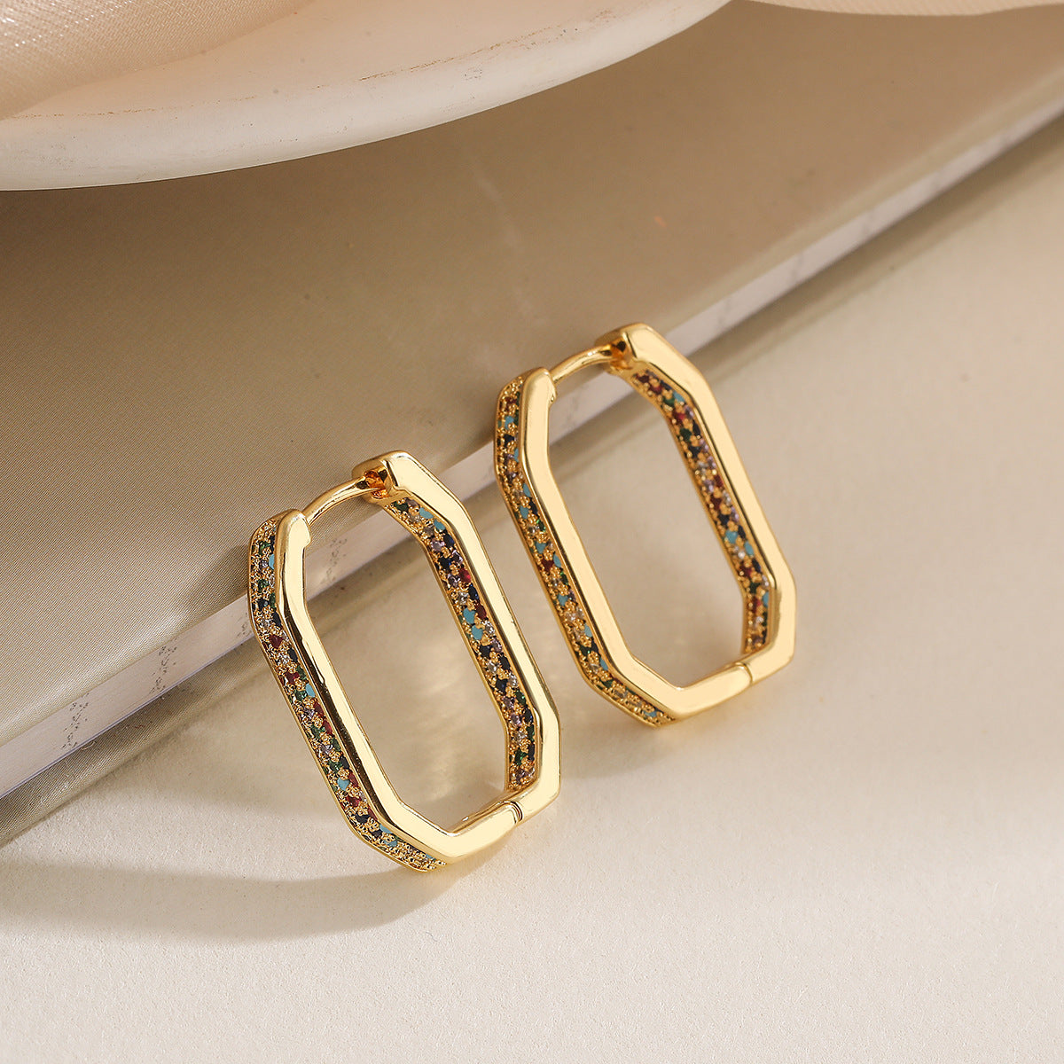 Minimalist Geometric Copper Earrings with Gold Plating and Zircon Accents for Women