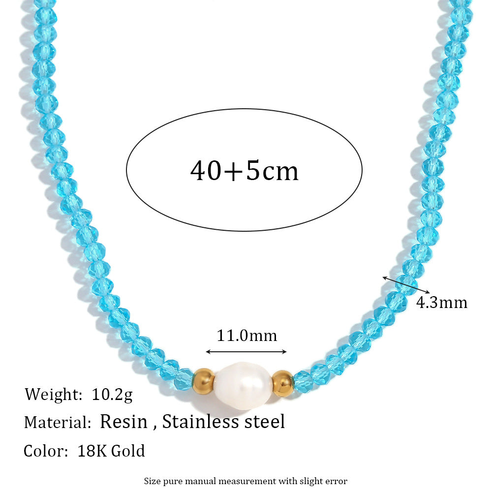 Minimalist Geometric Stainless Steel Pendant Necklace with Freshwater Pearl and Blue Crystal Beads for Women