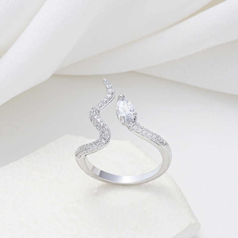 Minimalist Snake-Shaped Copper Ring with Zircon Inlay for Women Adjustable Open Band