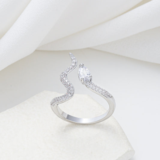 Minimalist Snake-Shaped Copper Ring with Zircon Inlay for Women Adjustable Open Band