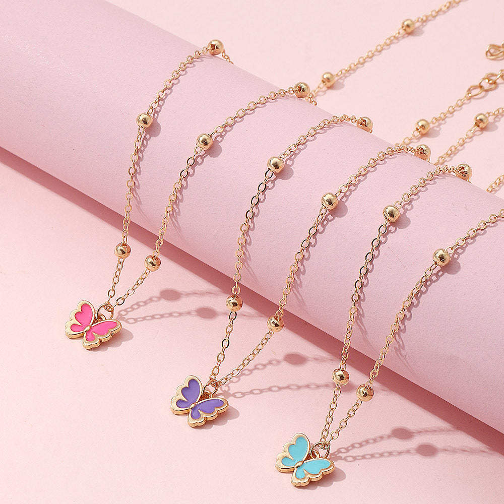 Conjunto de collar de aleación con forma de mariposa para niñas, con acabado esmaltado y cadena tipo Box, estilo princesa