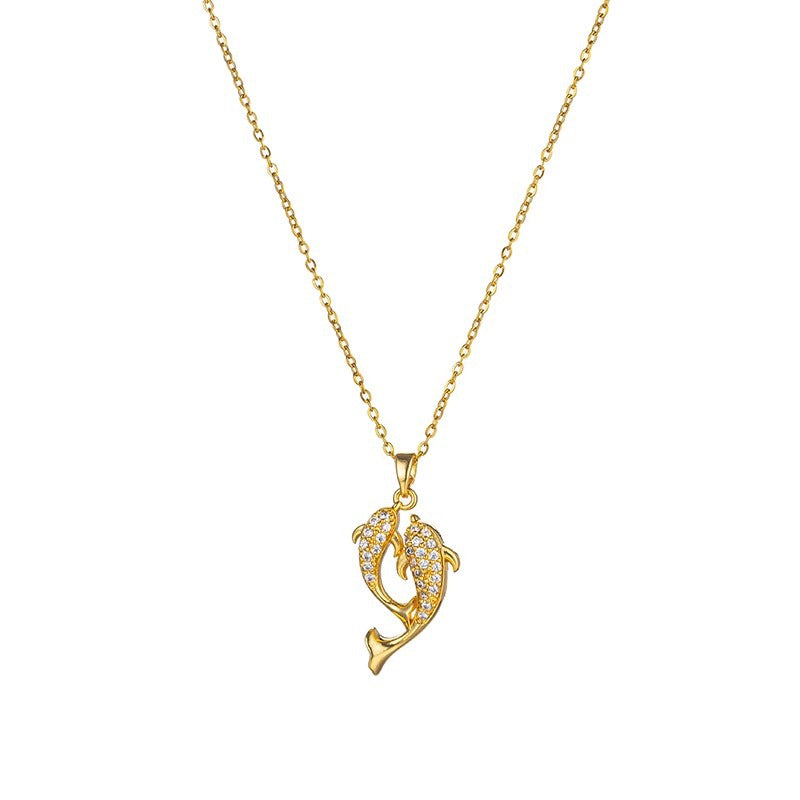 Collana con ciondolo a doppio pesce minimalista in acciaio al titanio con placcatura in oro per donne e uomini, gioielli a medaglione con catena a O e design floreale irregolare