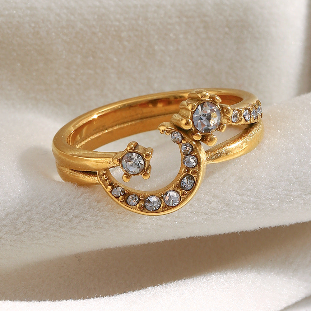 Anello geometrico minimalista in acciaio inossidabile placcato oro 18 carati con luna in strass da donna