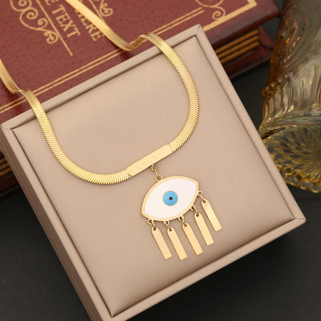 Minimalist Eye Pendant Necklace in Stainless Steel with Electroplating - Flat Snake Chain Collarbone Jewelry for Women