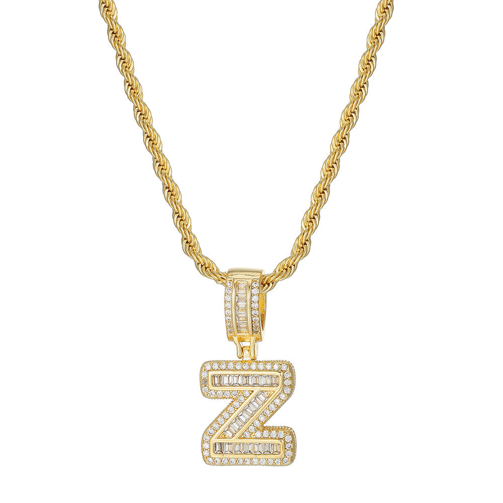 Personalized 18K Gold Plated Brass Cubic Zirconia Letter Pendant Necklace with Stainless Steel Rope Chain