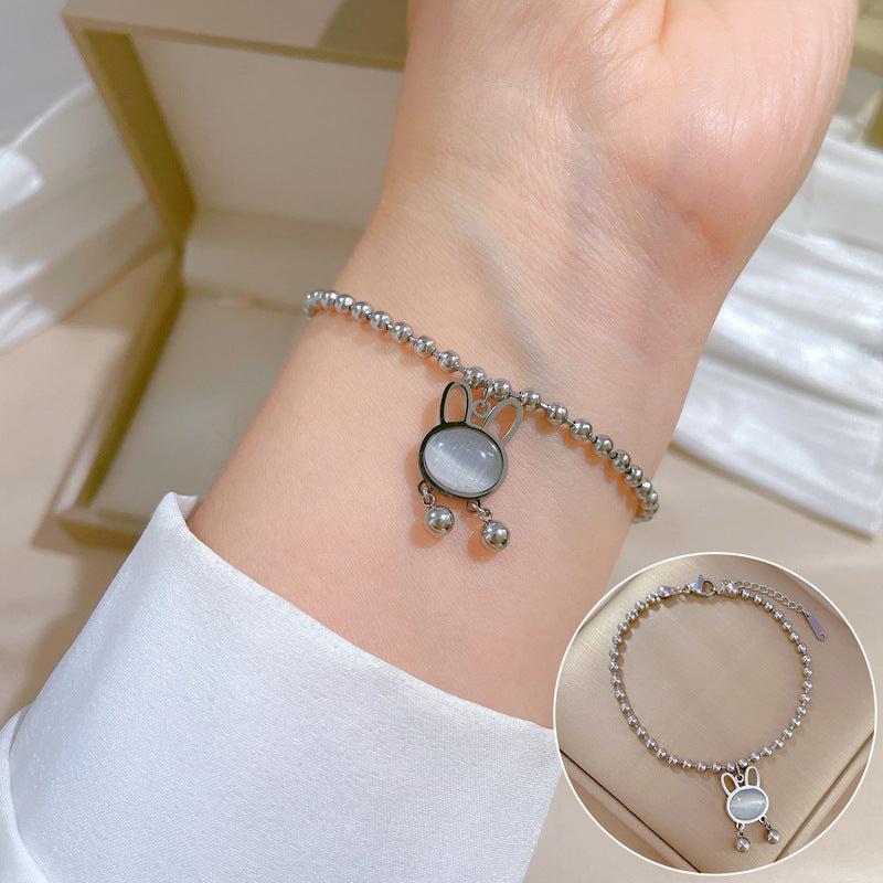 Minimalist Rabbit-Shaped Titanium Steel Bracelet with Gold Inlay and Wavy Texture for Women