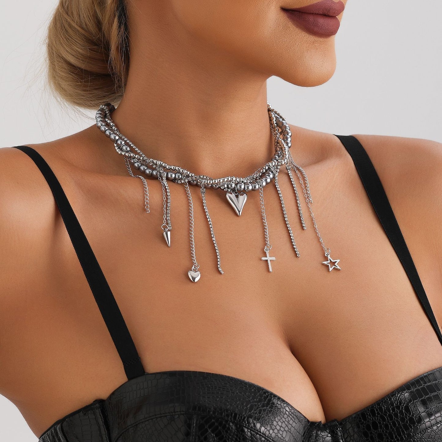 Sweet and Edgy Heart-Shaped Alloy Pendant Necklace with Crystal Fringe and Cross Charm, Y2K-Inspired Layered Clavicle Chain