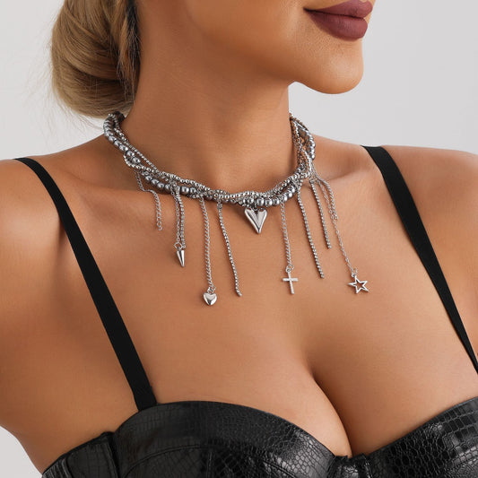 Collana con Ciondolo a Cuore in Lega, Dolce e Grintosa, con Frange di Cristallo e Ciondolo a Croce, Catena a Strati per Clavicola ispirata agli anni 2000