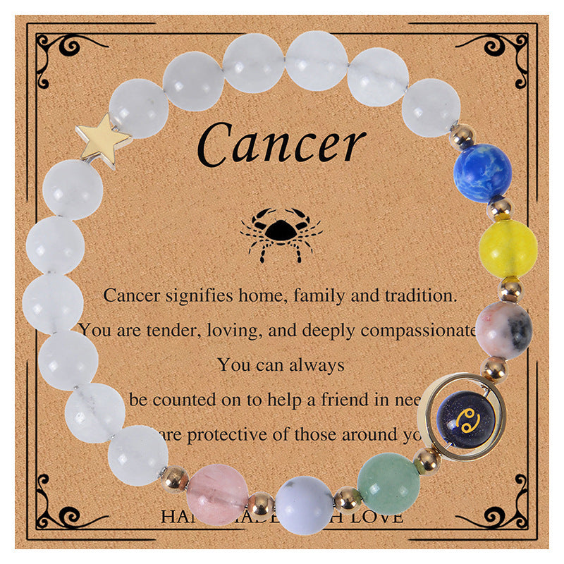 Unisex Blue Sandstone Beaded Bracelet with Zodiac Constellation Engraving