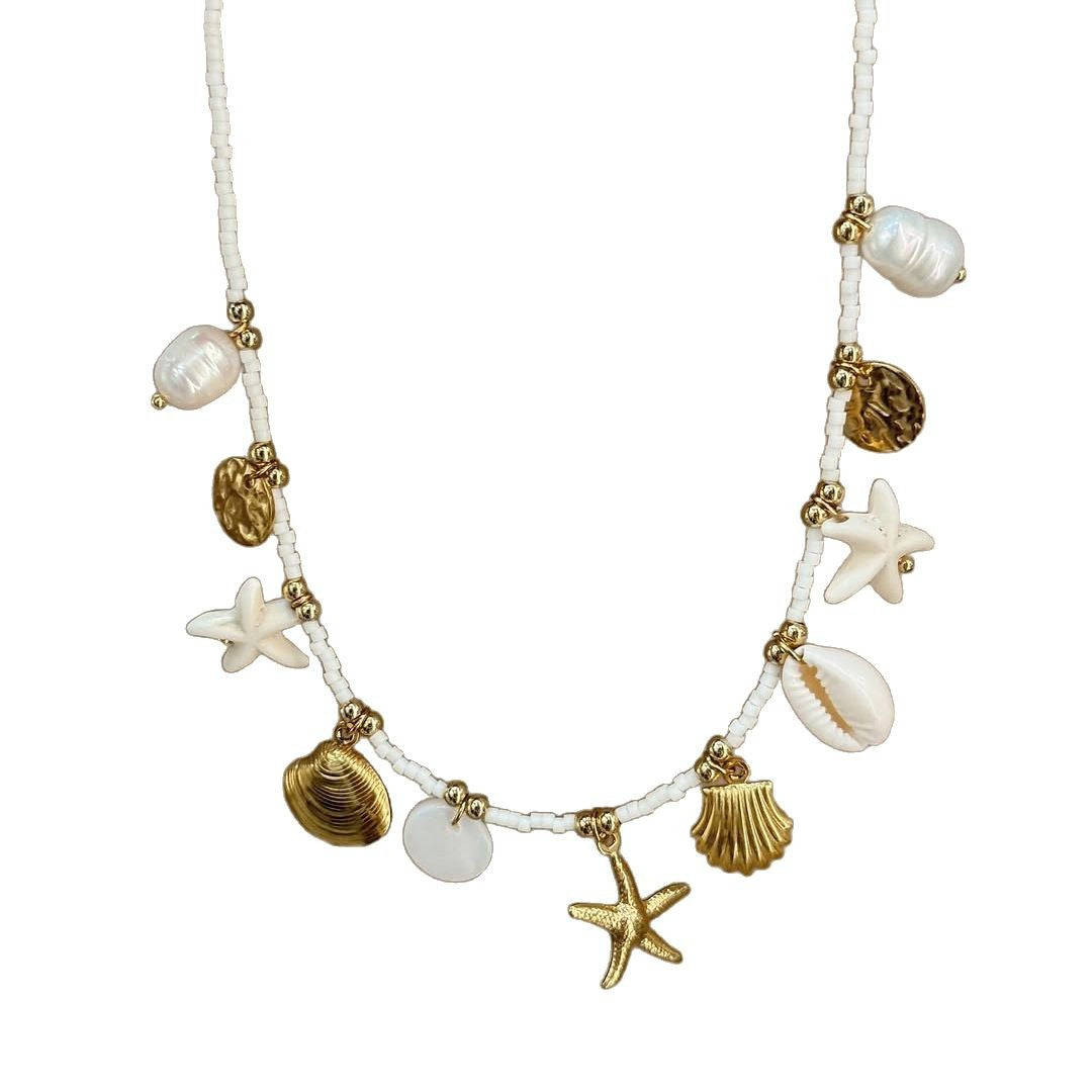 Bohemian Beach Shell Necklace with Starfish and Conch Pendant in Stainless Steel with Plated Finish
