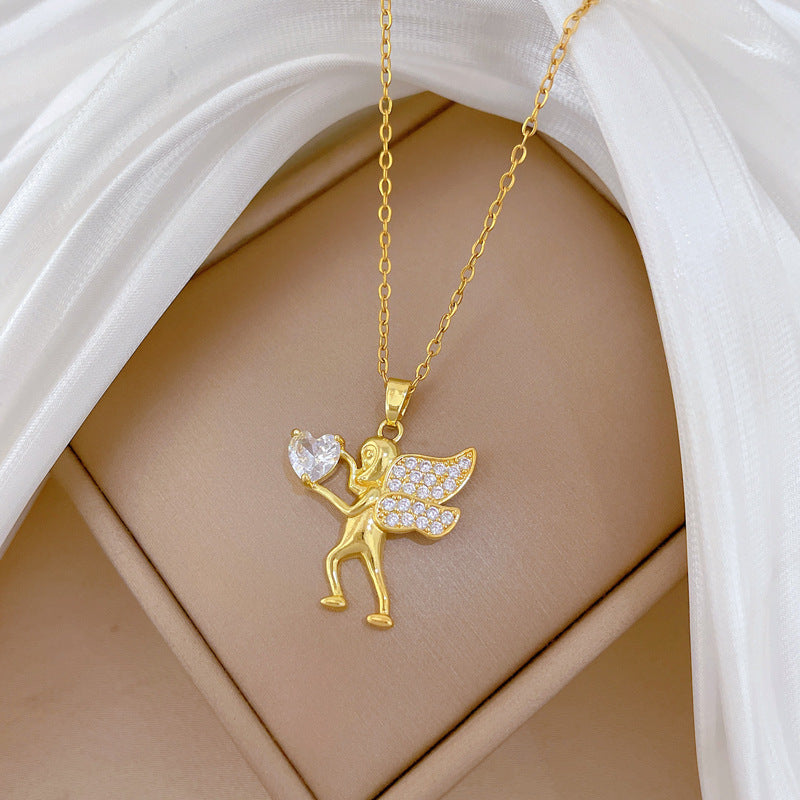 Sweet Minimalist Heart Geometric Cartoon Rhinestone Pendant Titanium Steel Necklace for Unisex