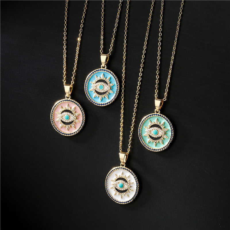 Geometric Brass Drip Oil Inlaid Cubic Zirconia Evil Eye Pendant Necklace with Cable Chain