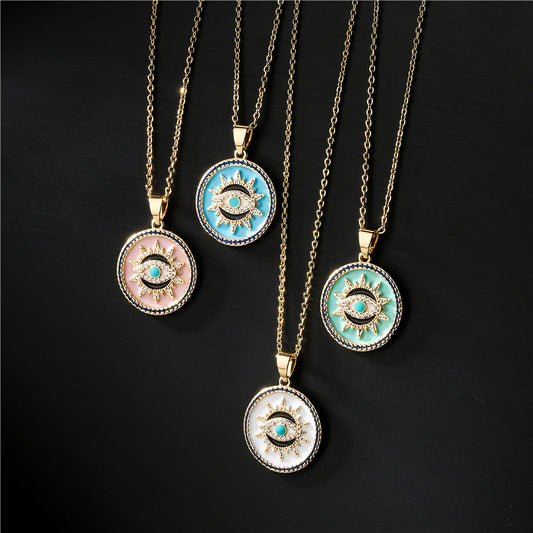 Geometric Brass Drip Oil Inlaid Cubic Zirconia Evil Eye Pendant Necklace with Cable Chain