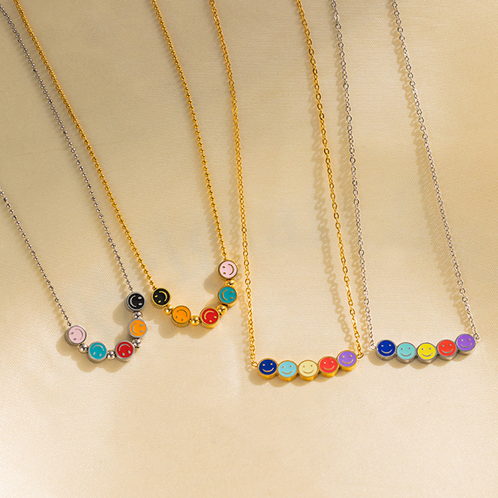 Minimalist Rainbow Smiley Face Pendant Necklace for Women in Titanium Steel with Enamel Finish and O-Chain