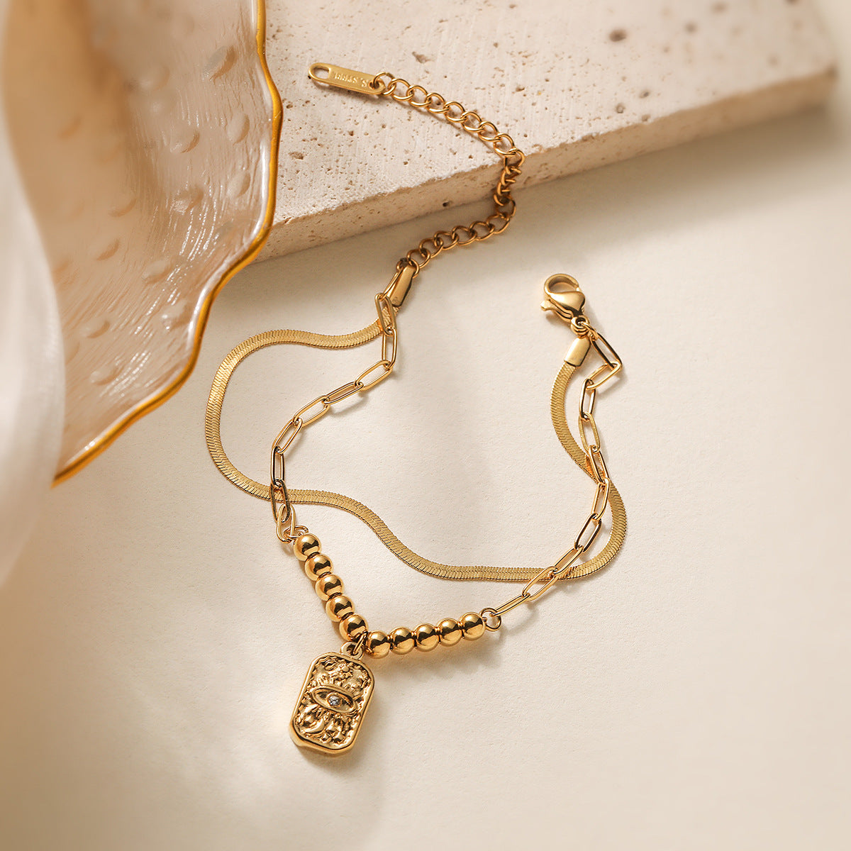 Vintage Evil Eye Pendant Bracelet for Women with Geometric Shape Stainless Steel Double Layer Stackable Bracelet with Plating Finish